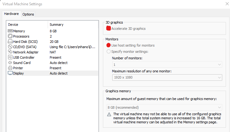 VMware Virtual Machine Settings